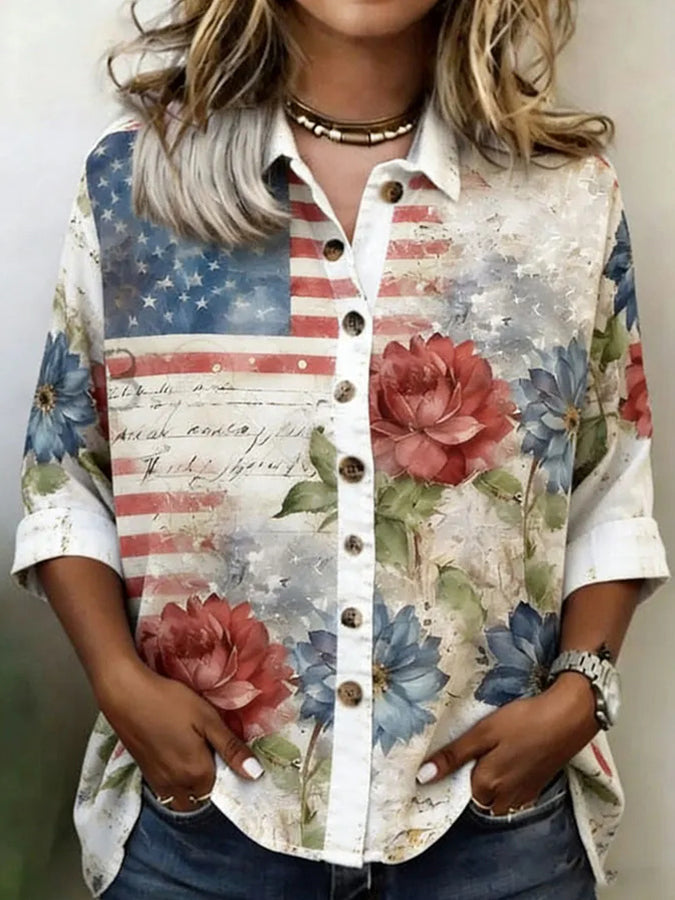 Women'S Flag Flower Printed Cotton And Linen Shirt