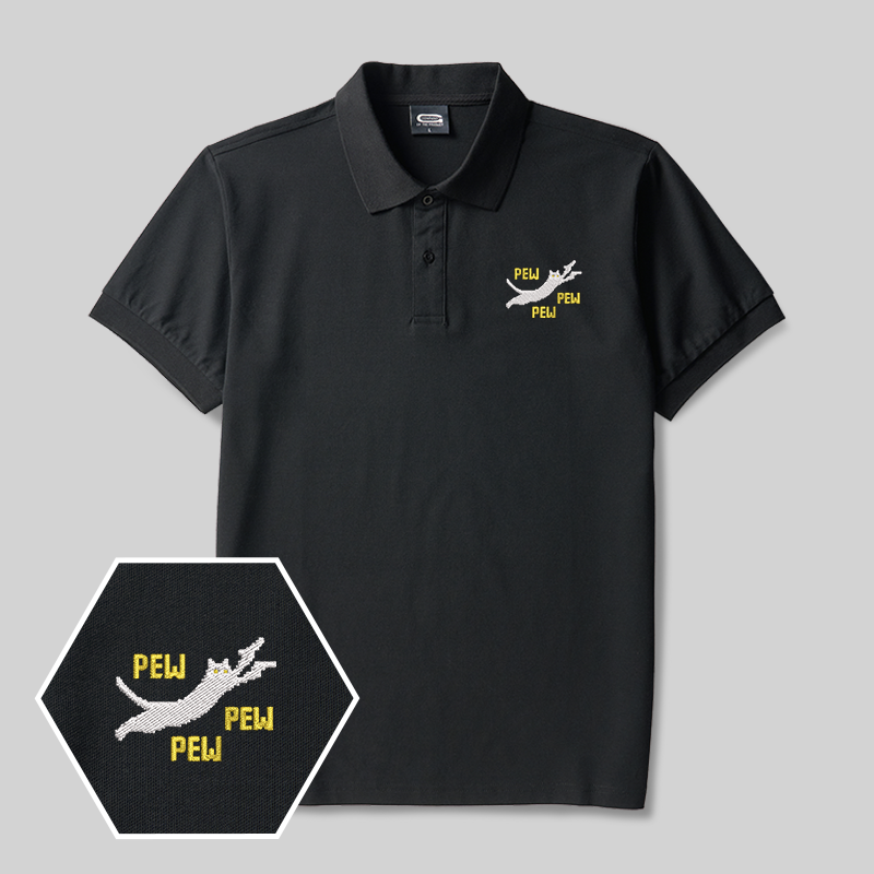 Pew Pew Pew Cat Geek Embroidered Polo Shirt