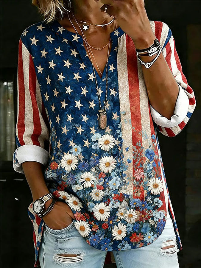 Women'S Independence Day Patriotic American Flag 250Th Anniversary Casual Cotton And Hemp Top
