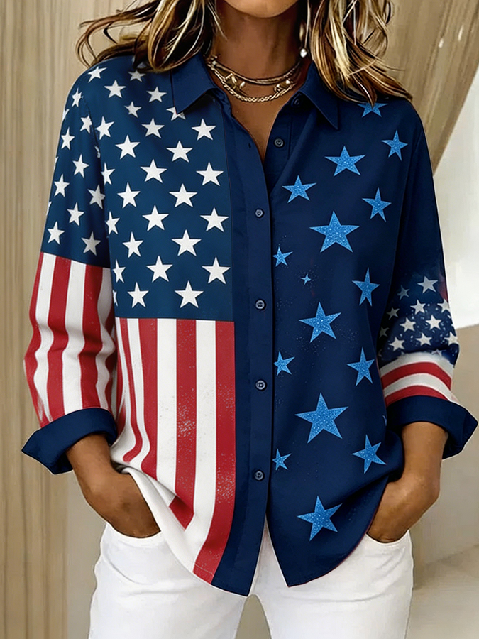 Women's Patriotic American Flag Decal Button Up Shirt