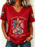 Women'S America Flag Floral Print Casual V-Neck T-Shirt