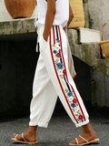 Women's Cotton Linen Botanical Floral Ankle-Length Casual Pants