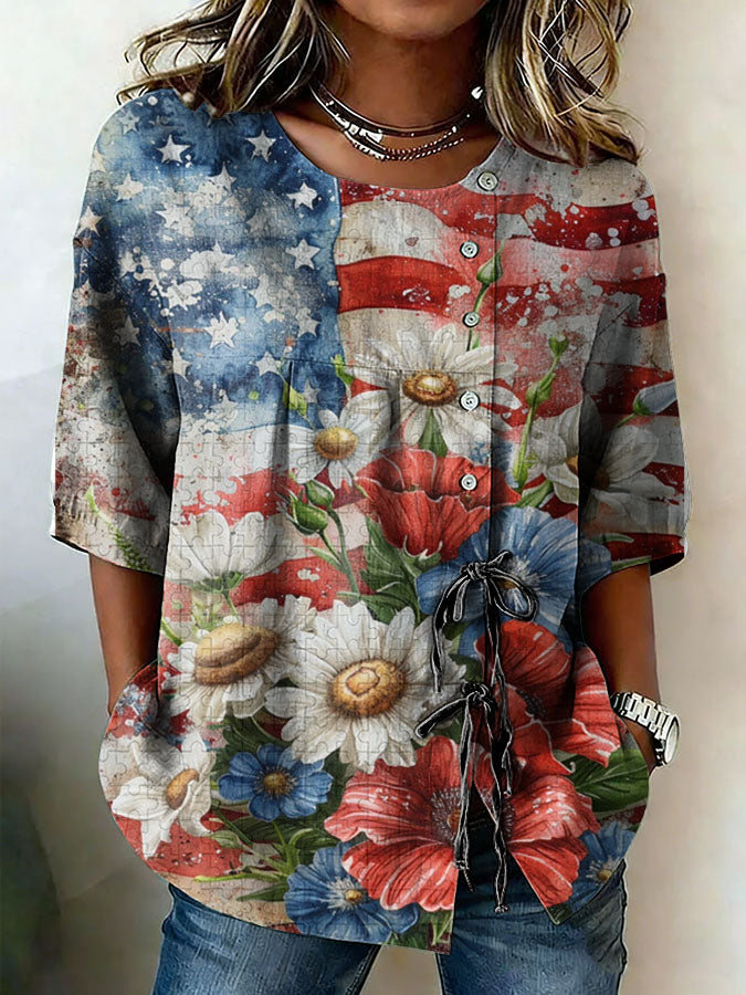 Women'S American Flag Printed Cotton And Linen Casual Top