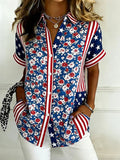 Women'S Independence Day Patriotic American Flag 250Th Anniversary Button Short Sleeve Shirt