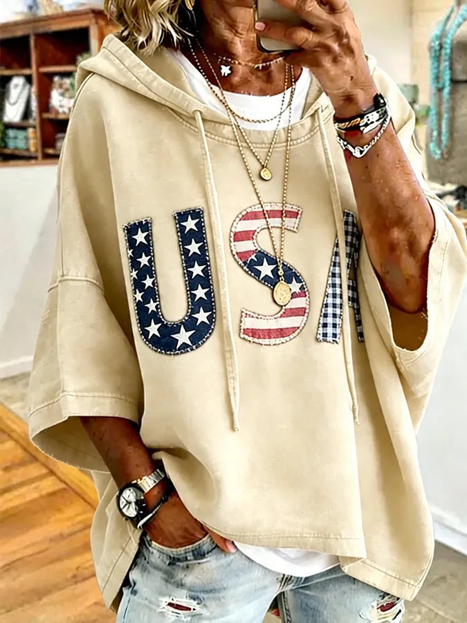 Patriotic Red USA Star Stripe Applique Oversized Hoodie