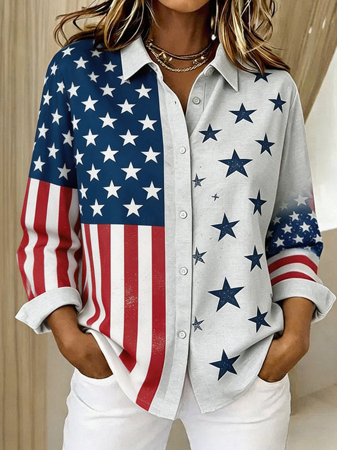 Women's Patriotic American Flag Decal Button Up Shirt