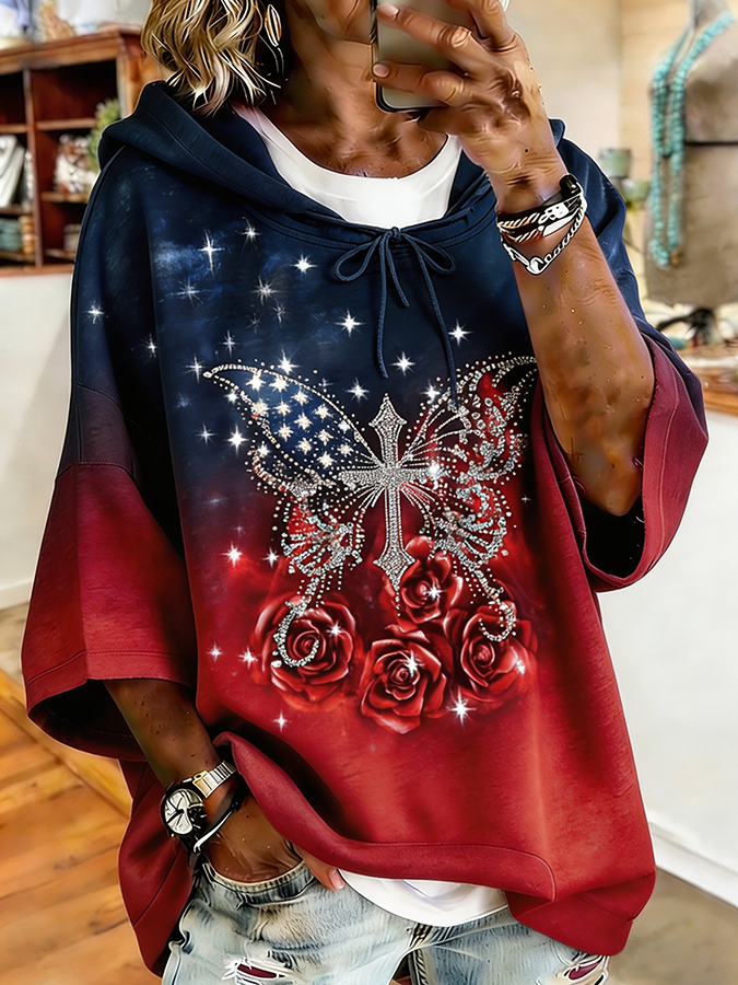 Women's US Flag Gradient Cross Glitter Commemorative Hoodie