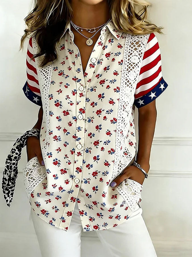 Women'S Independence Day Patriotic American Flag 250Th Anniversary Button Shirt