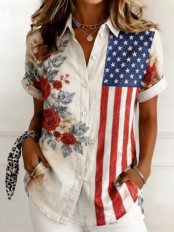 Women'S Independence Day Patriotic American Flag 250Th Anniversary Button Short Sleeve Shirt