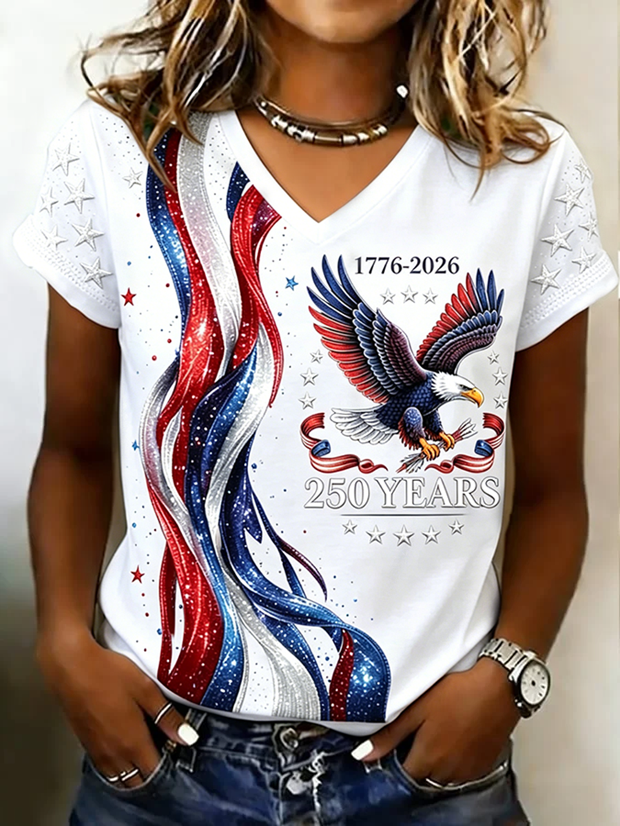 Vintage Text Letters V Neck Short Sleeve T-shirt