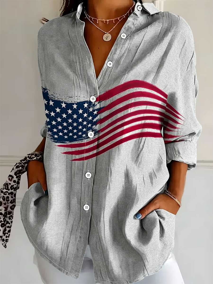 Shirt Collar Regular Sleeve Long Sleeve America Flag Buckle Regular Loose Button Up Shirt Shirt For Women